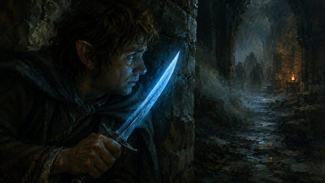 A hobbit grips Sting as its blue glow warns of hidden Orcs nearby