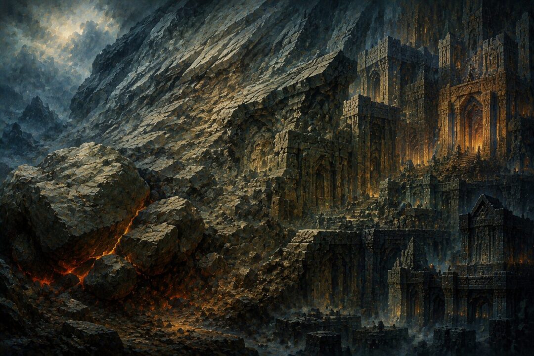 Abstract depiction of stone under pressure forming Dwarven architecture, symbolizing endurance and stubbornness over time