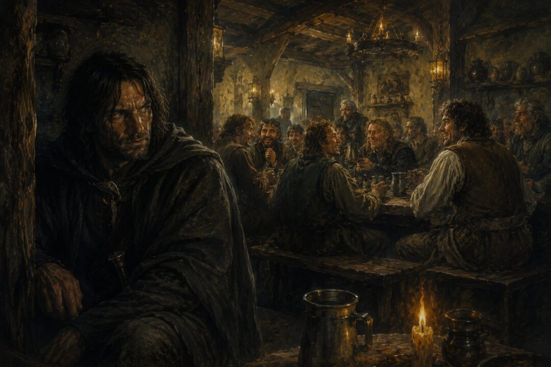 Aragorn as Strider quietly observing events from a shadowed corner of The Prancing Pony