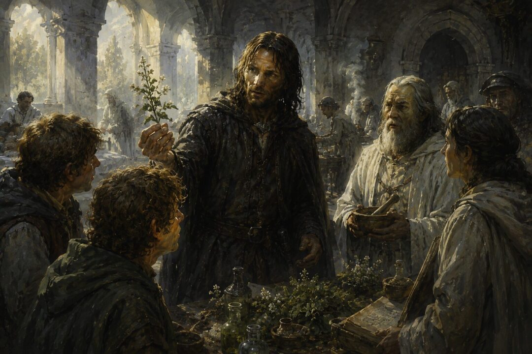 Aragorn holding sweet galenas in the Houses of Healing in Minas Tirith.