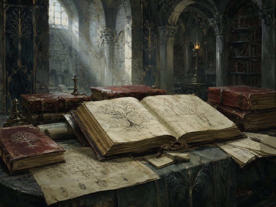 The Thain’s Book open in a Minas Tirith archive with red leather volumes and scholarly notes.