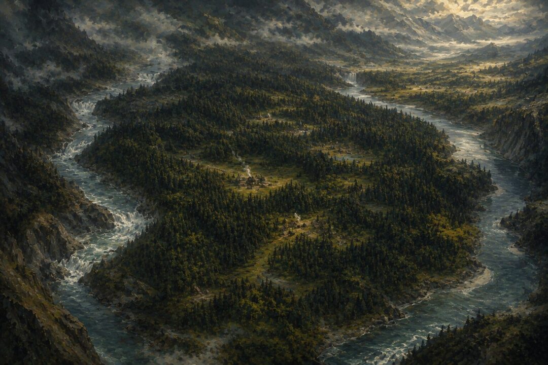 Aerial view of the wooded Angle between the Bruinen and Mitheithel rivers.