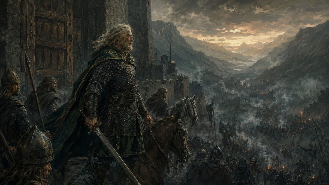 King Théoden stands with weary riders at the gates of the Hornburg before dawn.