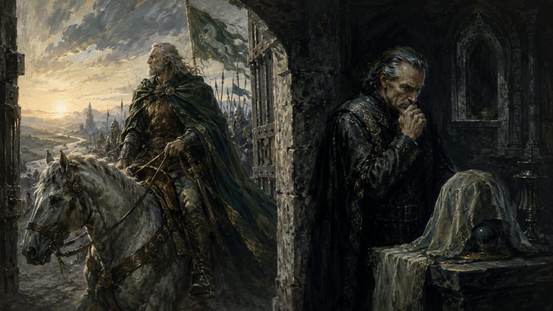 A symbolic contrast between Théoden facing dawn and Denethor turning inward beside a seeing-stone.