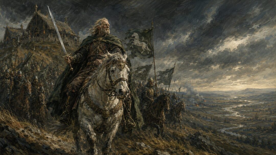 Théoden Ednew rides out from Edoras at the head of the Rohirrim after his renewal.