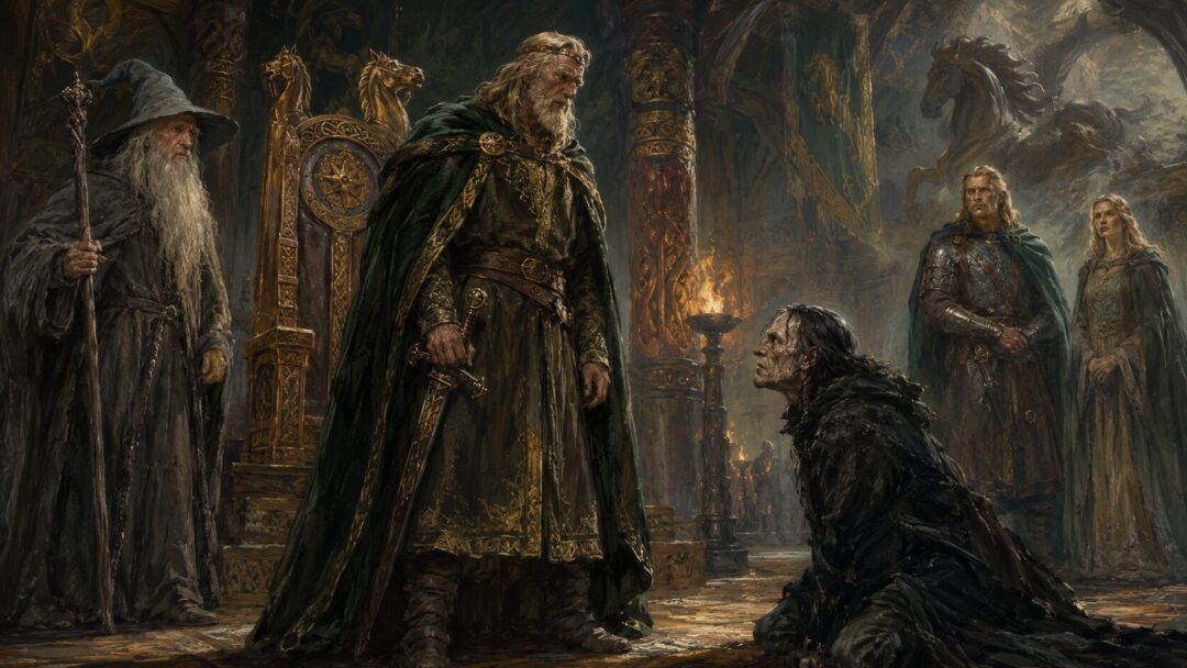 Théoden stands renewed in Meduseld and judges Wormtongue before the court of Rohan.