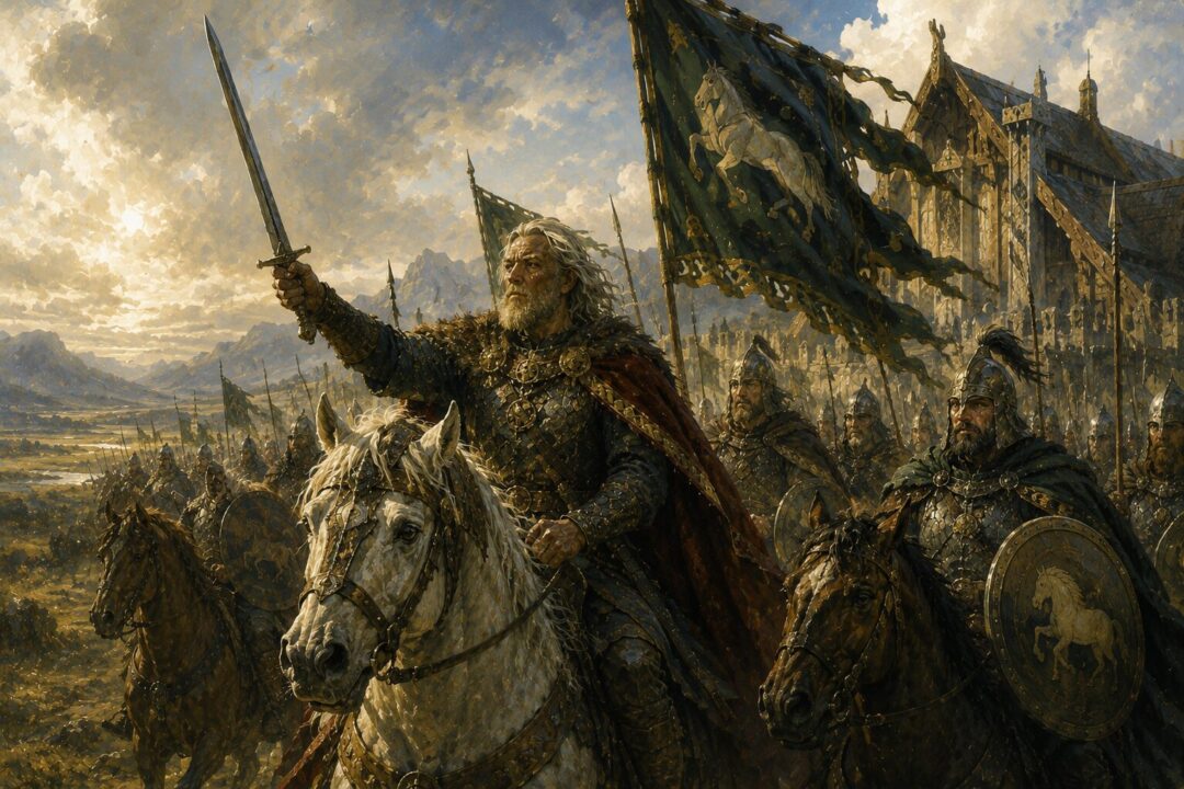 King Théoden leading the Riders of Rohan after recovering from Wormtongue's manipulation