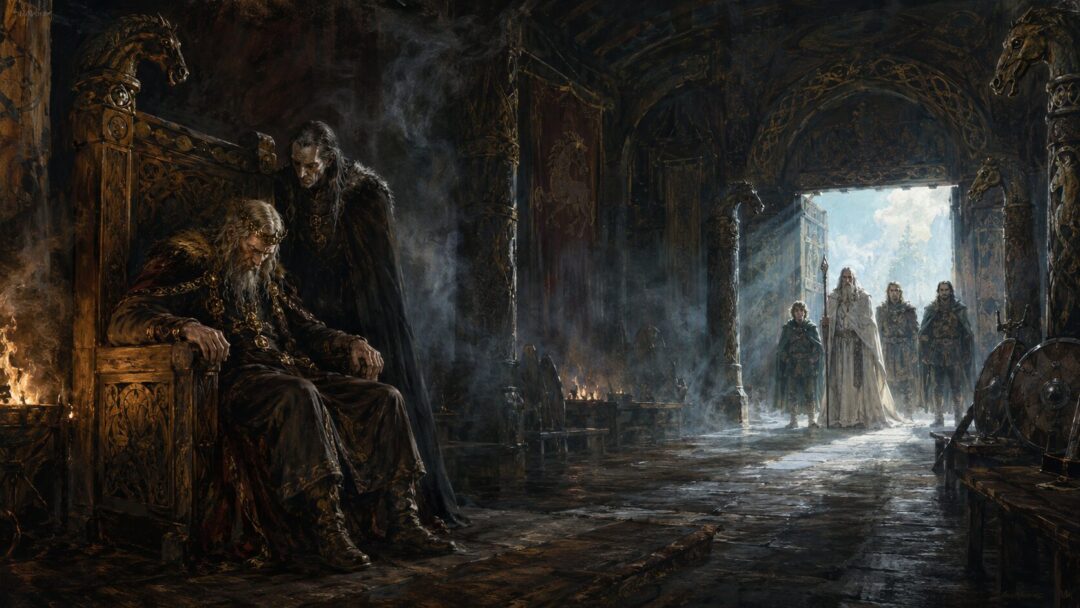 Théoden sits weakened in the Golden Hall while Wormtongue counsels him and Gandalf enters with his companions.