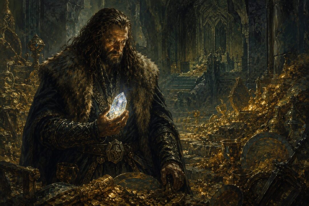 Thorin Oakenshield standing before the treasure of Erebor as dragon-sickness begins to cloud his judgment.