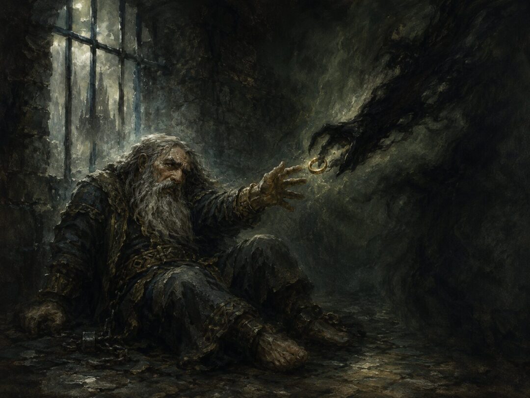 Thráin II imprisoned in Dol Guldur as the last Dwarven Ring is taken from him.