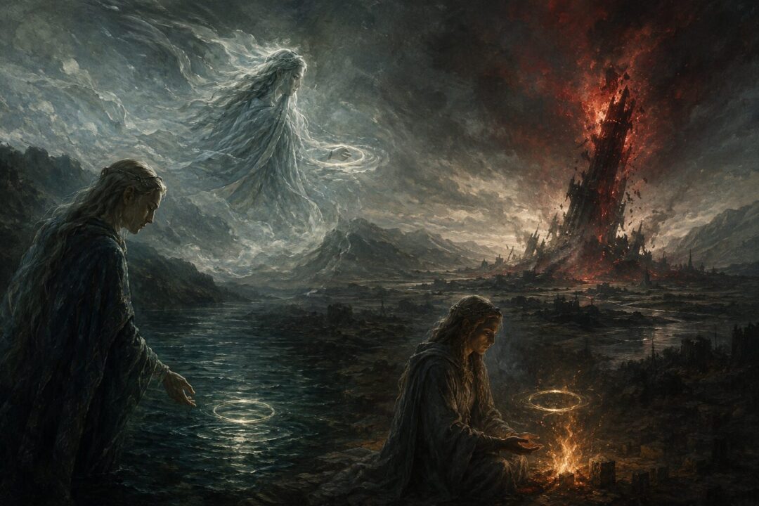 Three subtle Elven rings of light dimming as a distant dark tower falls.