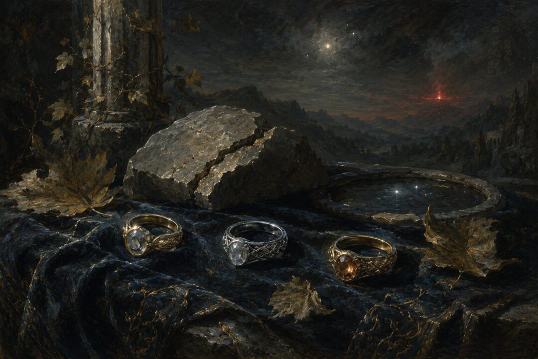 Three Elven Rings rest beside fading leaves and starlight, symbolizing preservation bound to peril.