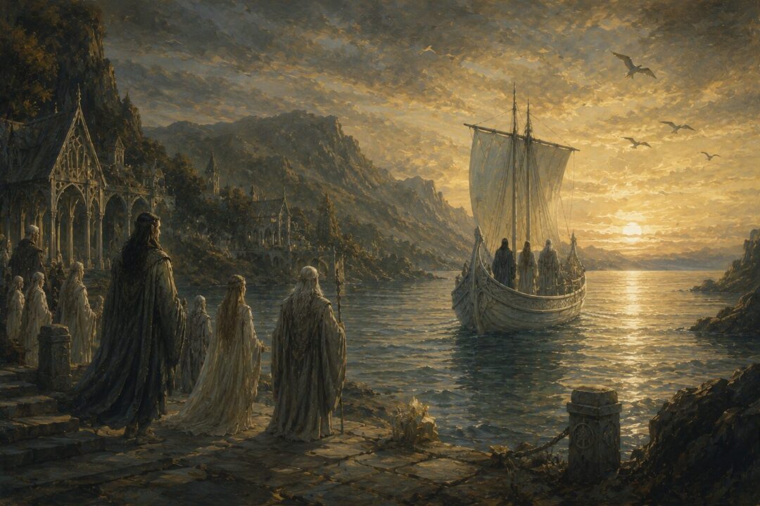 The Ring-bearers depart from the Grey Havens at dawn in a bittersweet farewell to Middle-earth.