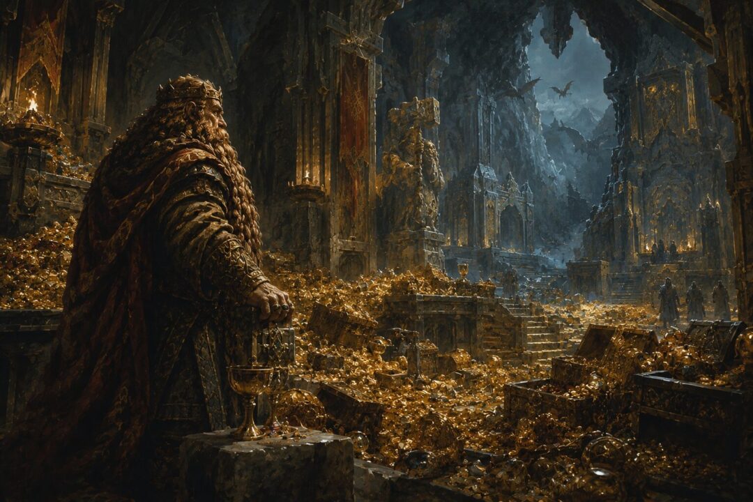 King Thrór gazing across the immense treasure halls of Erebor at the height of its prosperity.