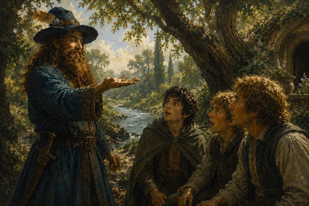 Tom Bombadil calmly holding the One Ring while the Hobbits look on in surprise