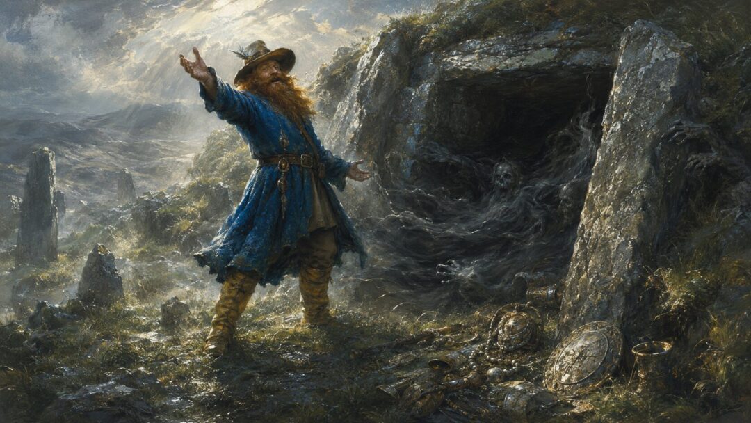 Tom Bombadil sings at the entrance of a burial mound as morning light drives away the darkness.