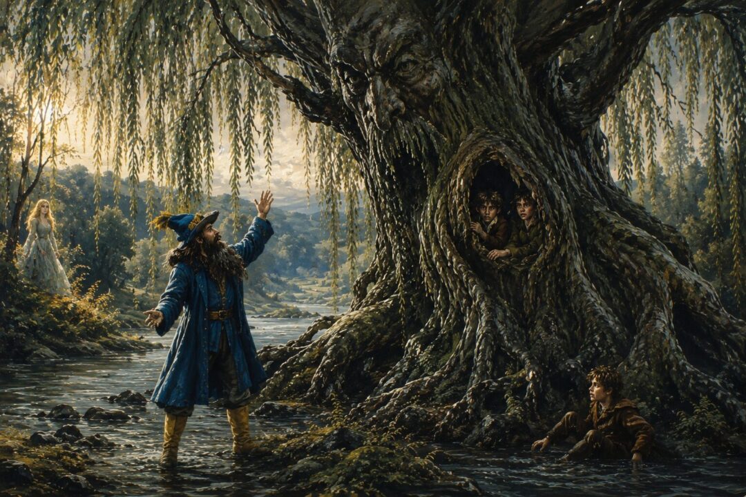 Tom Bombadil commands Old Man Willow to release the captured Hobbits.