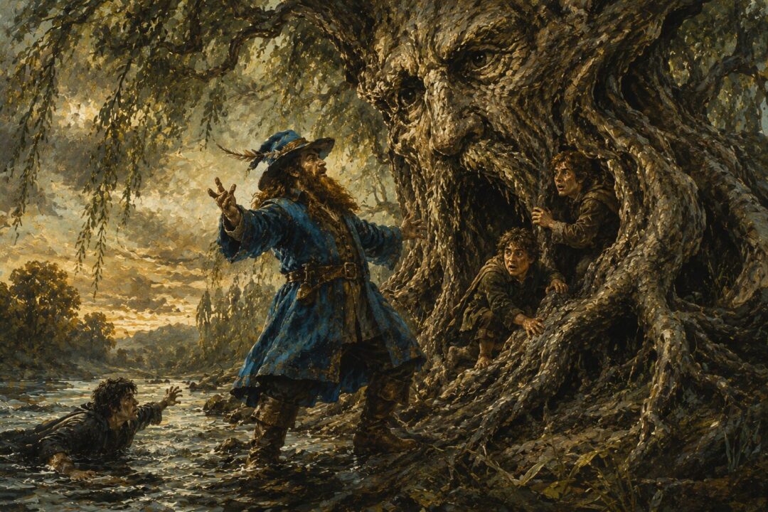 Tom Bombadil commanding Old Man Willow to release the captured Hobbits