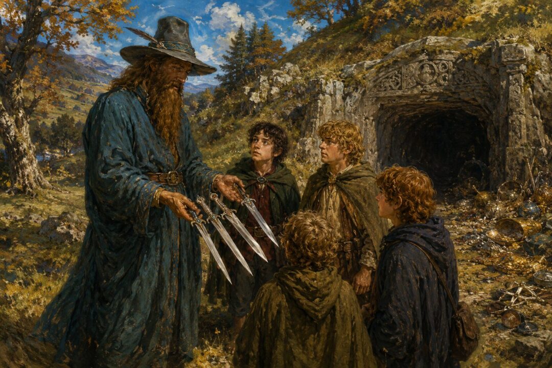 Tom Bombadil presents ancient Barrow-blades to the four hobbits outside the Barrow-downs.