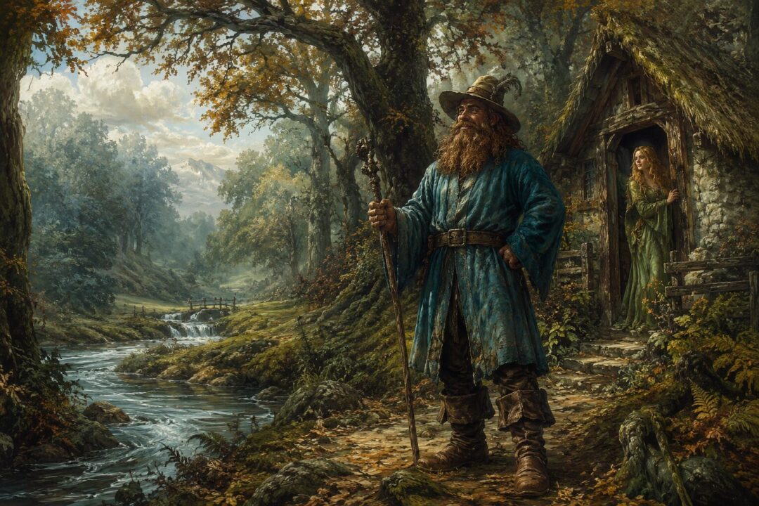 Tom Bombadil standing beside the Withywindle with Goldberry near their woodland home.