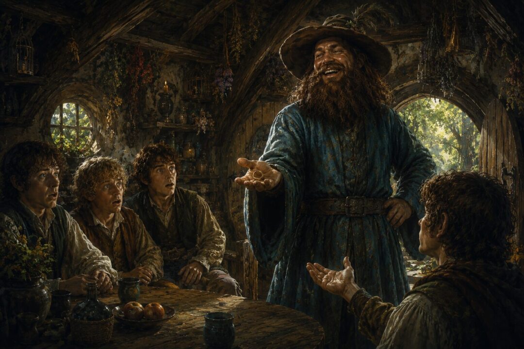 Tom Bombadil casually handing the One Ring back to Frodo inside his woodland house.