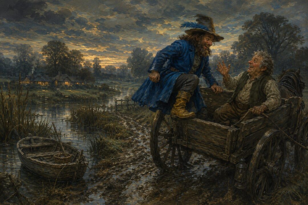 Tom Bombadil arrives near the Marish and climbs into Farmer Maggot’s wagon at twilight.