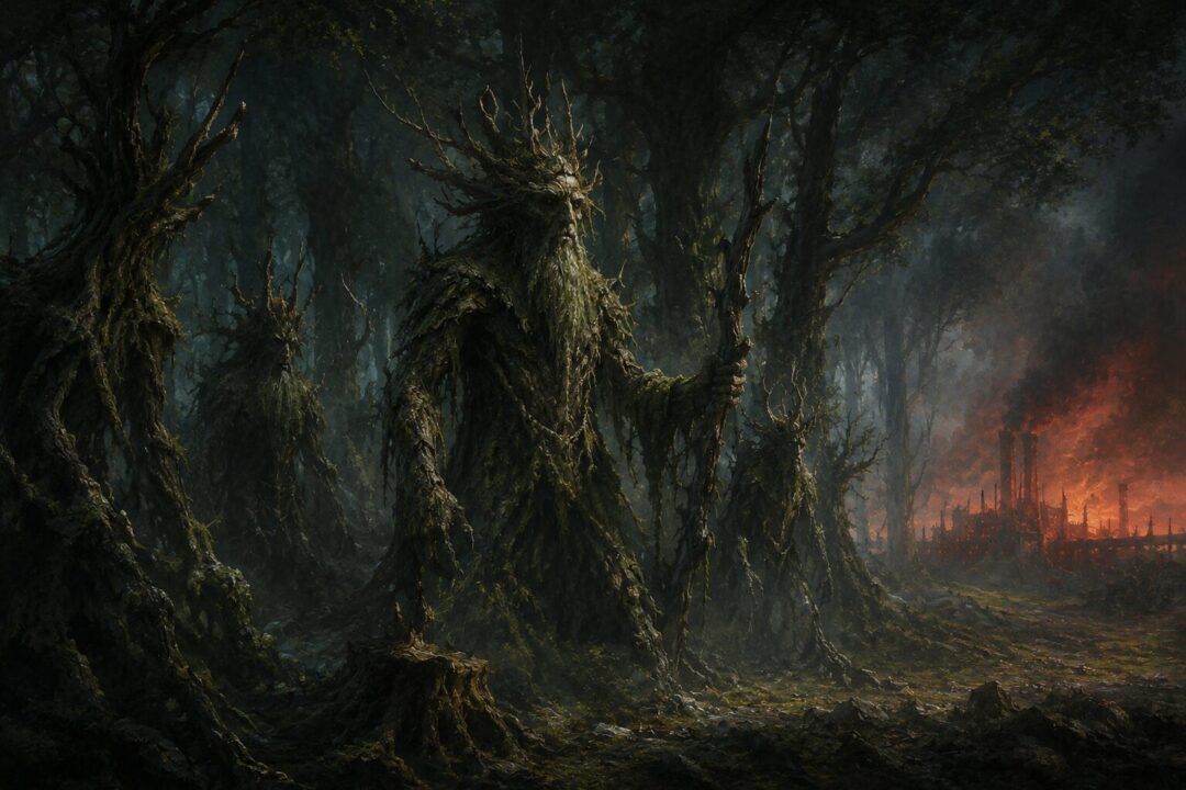 Treebeard standing with shadowy Huorns in Fangorn before the march to Helm’s Deep