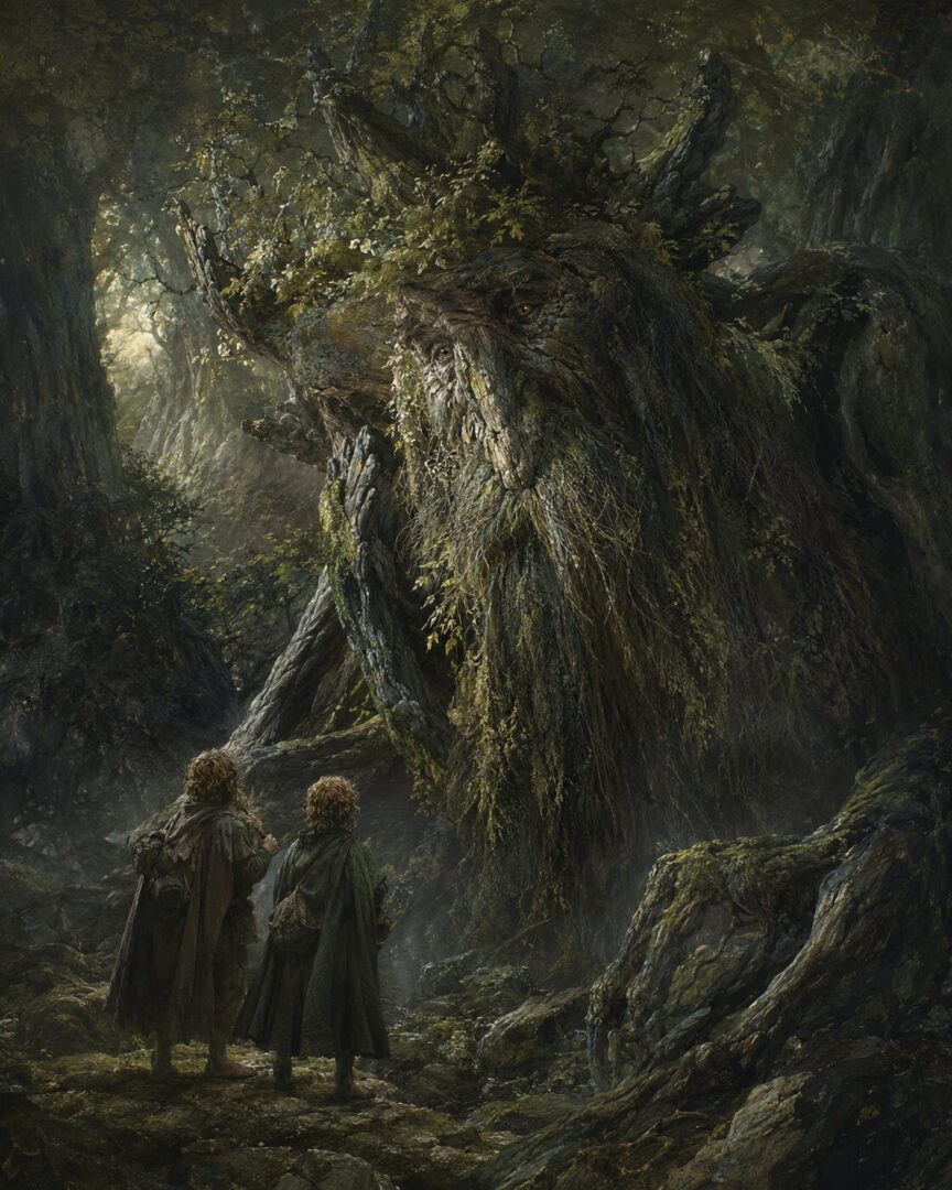 Treebeard studying Merry and Pippin beneath the ancient trees of Fangorn Forest.