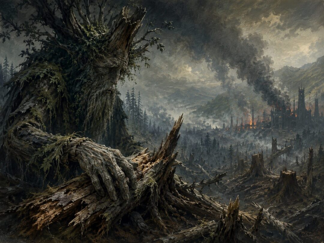 Treebeard resting his hand on a felled tree near the damaged edge of Fangorn.