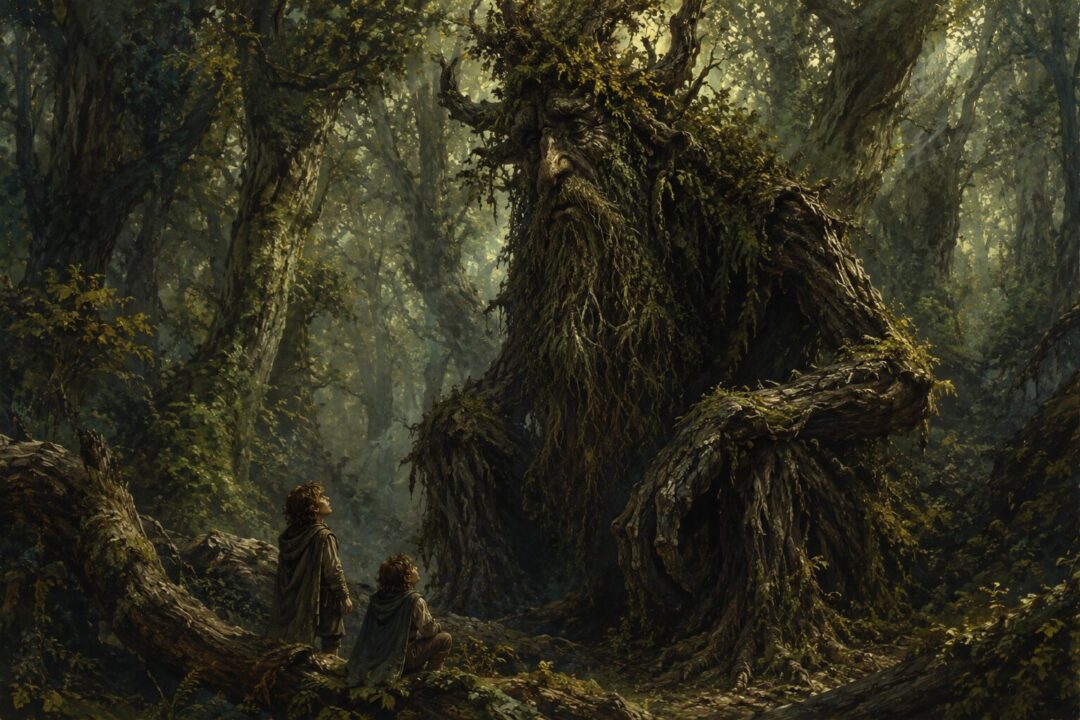 Treebeard standing thoughtfully over two hobbits in the ancient shadows of Fangorn Forest