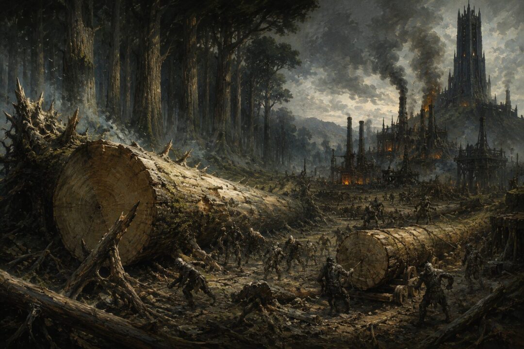 Treebeard standing in Fangorn among hacked stumps and broken branches