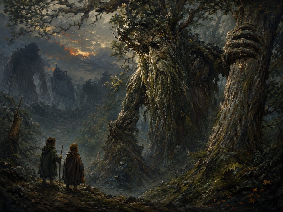 Treebeard stands in Fangorn Forest with hobbits while shadowy Troll shapes lurk in the distance.