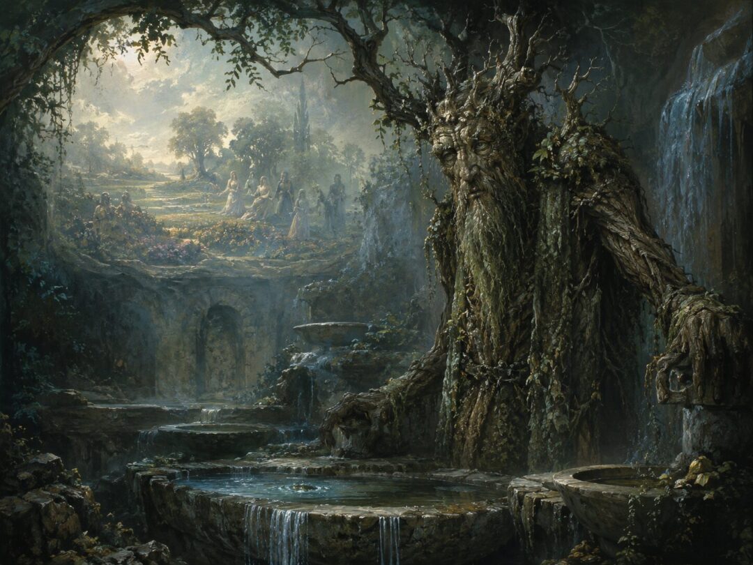 Treebeard in Wellinghall remembering the lost Entwives beside falling water.