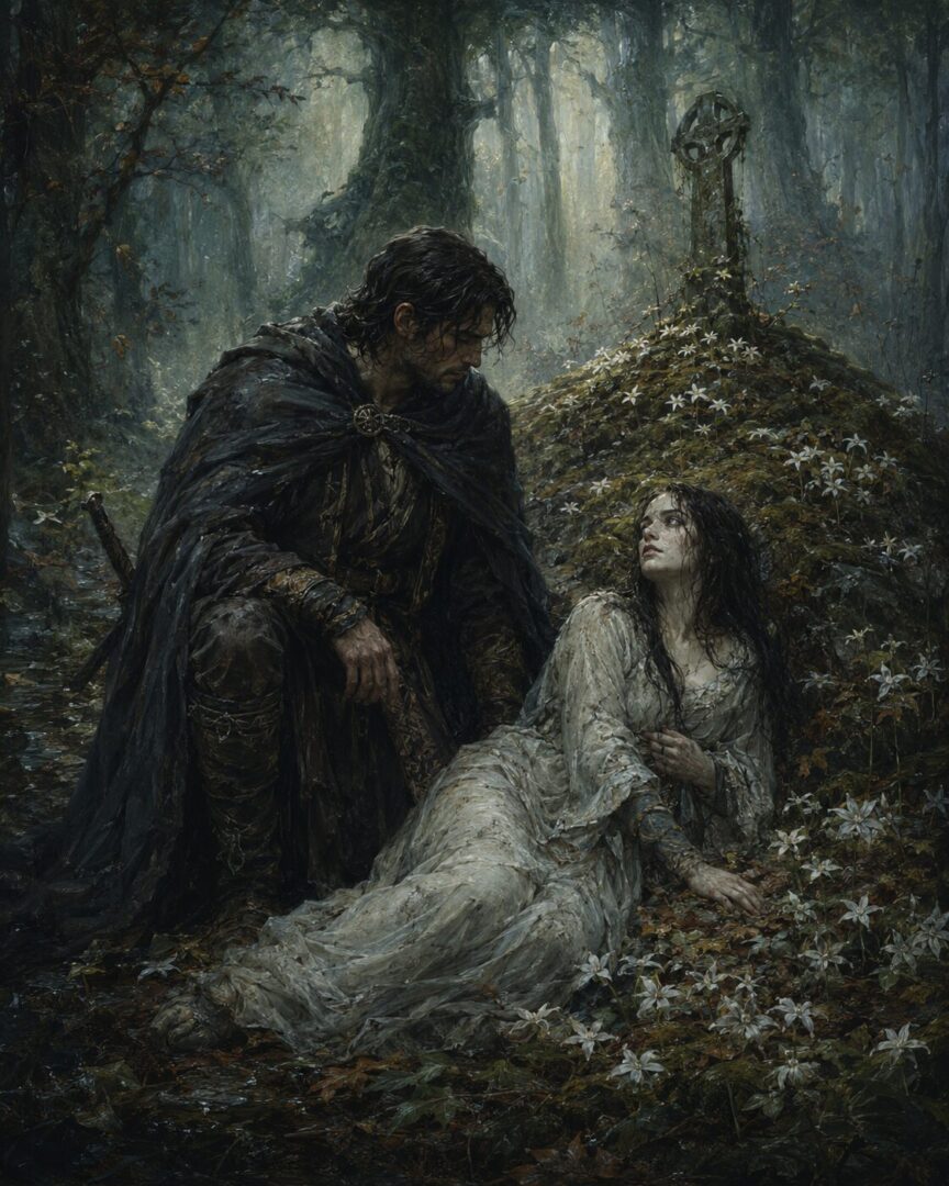 Turambar finding memory-stricken Niënor in the forest of Brethil near Finduilas’s grave.