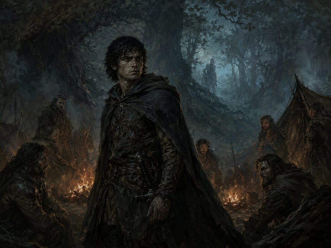 Túrin standing among outlaws in the wild as the shadow of Beleg’s loyalty lingers in the forest.