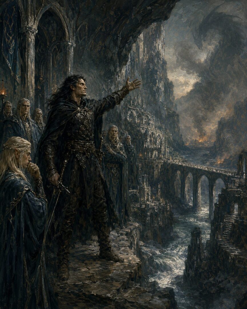 Túrin as the Black Sword beside the exposed bridge of Nargothrond before Glaurung’s attack.