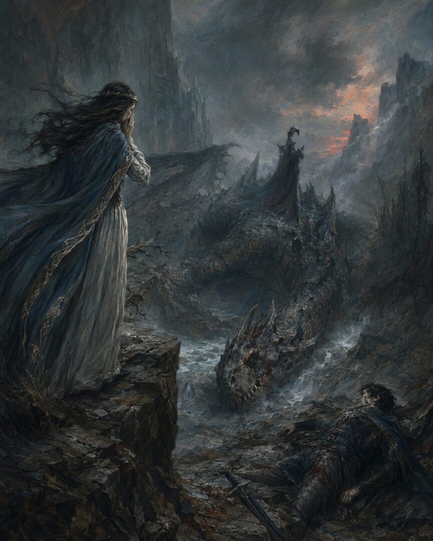 Túrin lying wounded beside Gurthang after slaying Glaurung at Cabed-en-Aras.