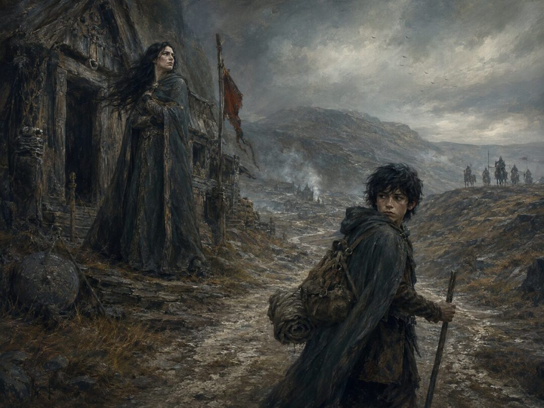Young Túrin leaving Dor-lómin for Doriath while Morwen watches in sorrow.