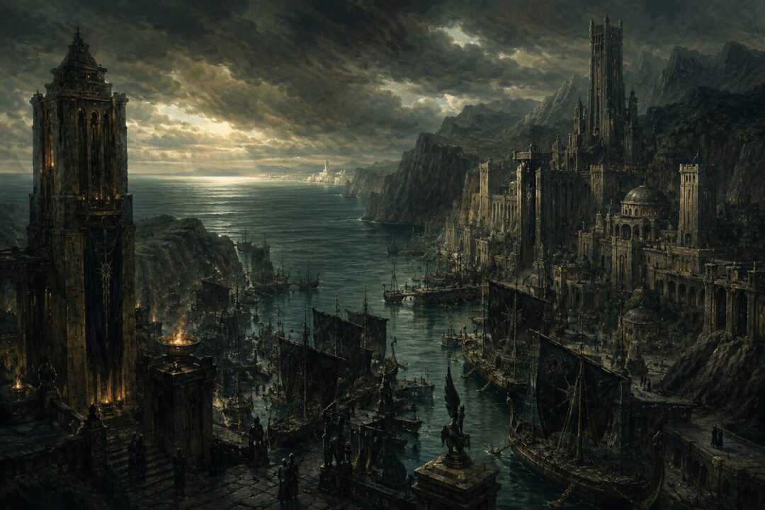 A dark Númenórean harbor at Umbar with black-sailed ships beneath stormy cliffs.