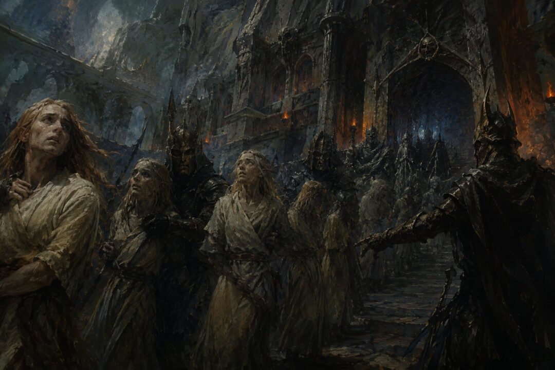 Captured early Elves being led into the darkness beneath Utumno in the traditional account of Orc origins.