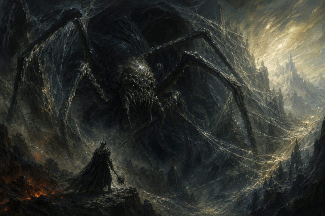 Ungoliant crouches in Avathar as black webs consume the surrounding light while Melkor approaches.