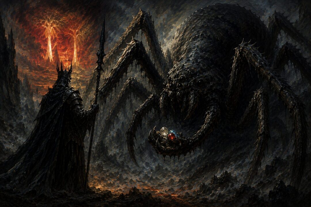 Ungoliant confronting Melkor and demanding the Silmarils after the Darkening of Valinor.