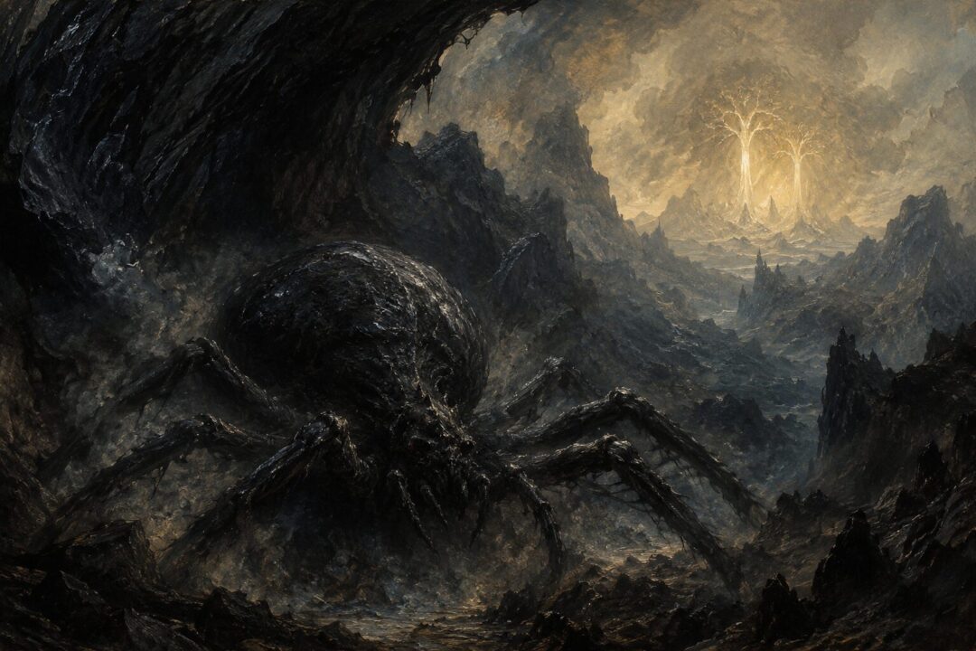 Ungoliant spreading unlight beneath the cliffs of Avathar after consuming surrounding light.