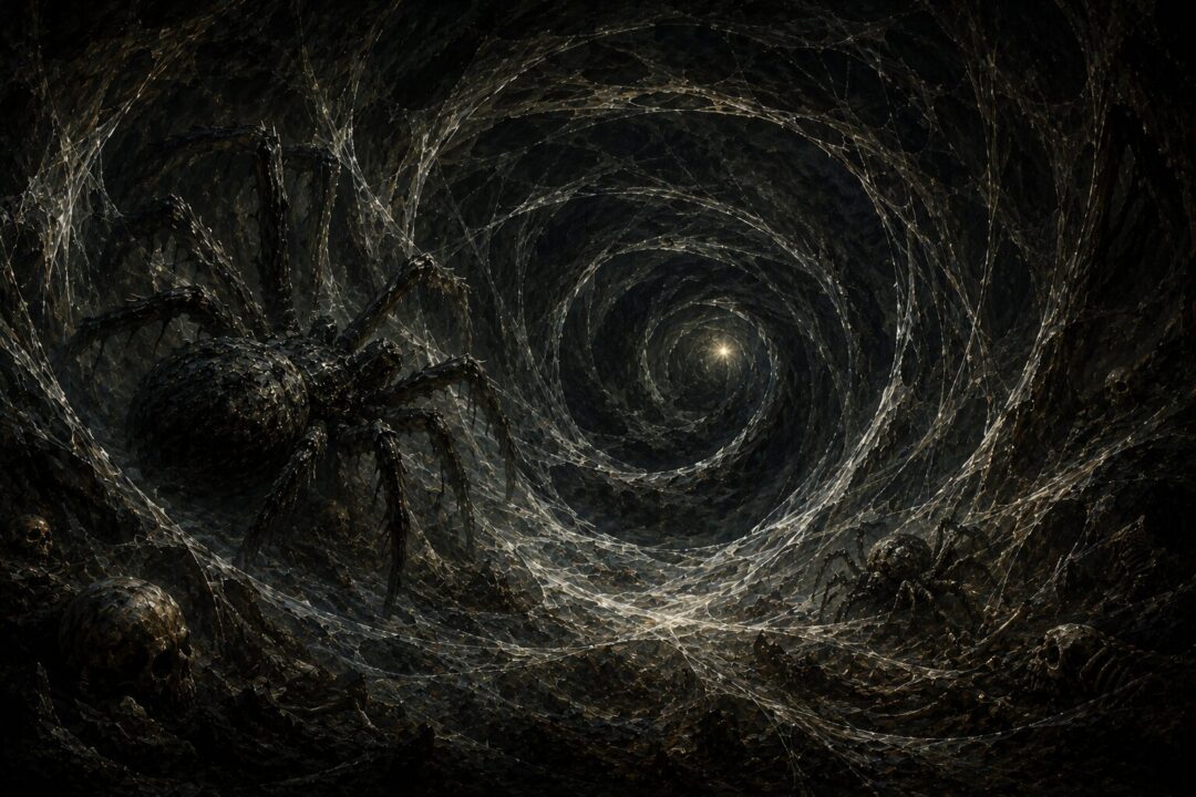 Symbolic spiral web representing the endless inherited hunger of Ungoliant and Shelob.