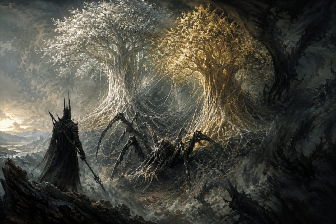 Ungoliant drinks the light of the Two Trees of Valinor while Melkor stands nearby in darkness.
