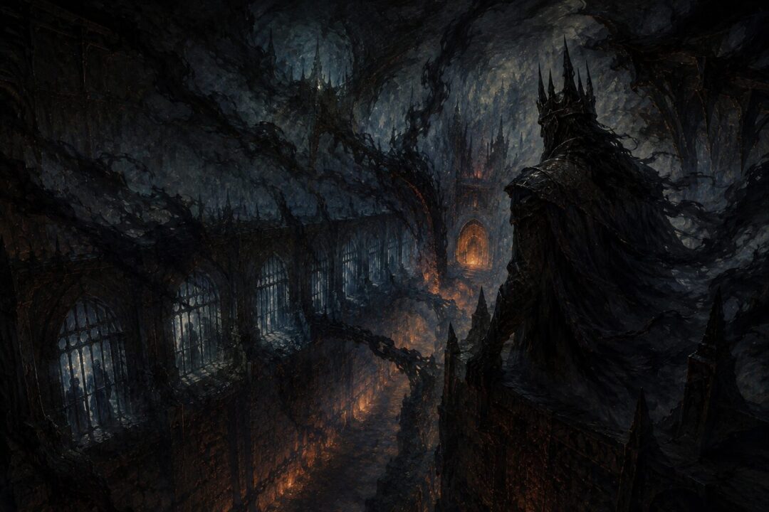 Shadow spreads through the pits of Utumno around distant captive Elven silhouettes.