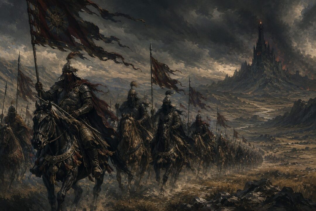 The mysterious Variags of Khand riding toward Mordor across open southeastern lands.
