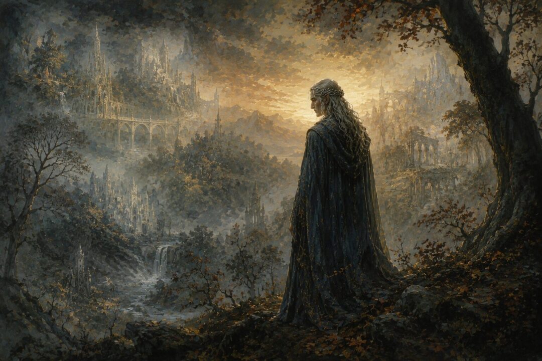 An ancient Elf reflecting among fading woods filled with memories of lost ages.