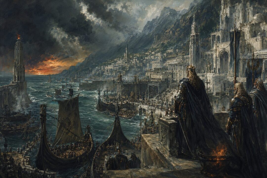 The White Tree of Gondor stands in the court of Minas Tirith at dawn as a symbol of Númenórean memory and warning.