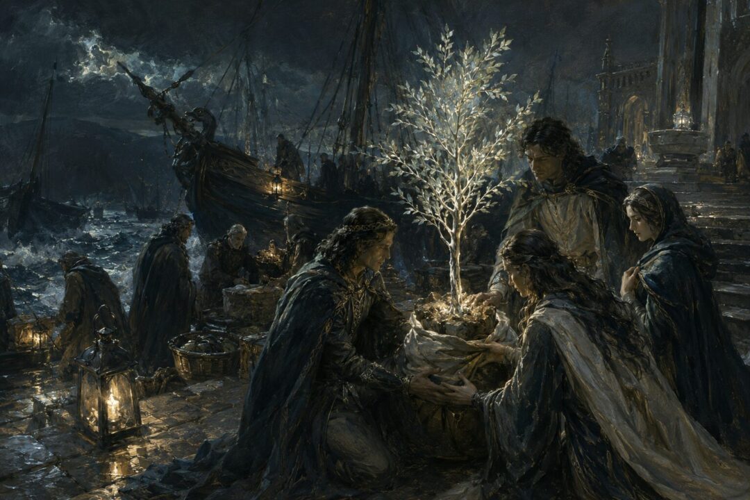 A sacred white sapling is protected by Númenórean exiles preparing to flee across the sea.